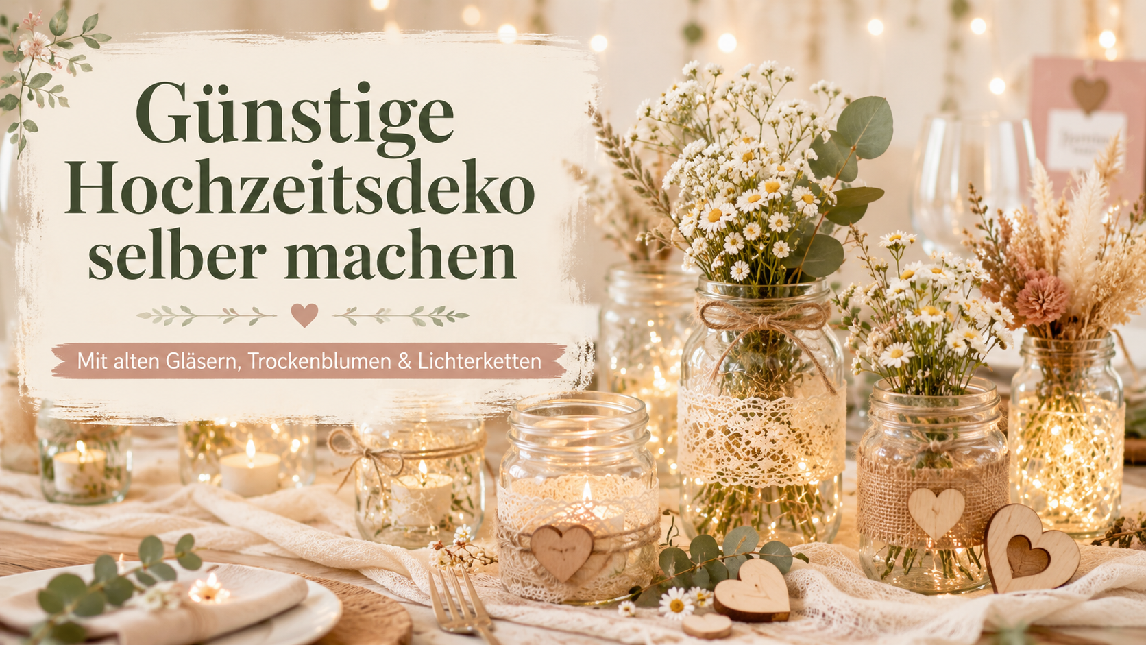Günstige Hochzeitsdeko selber machen: elegante DIY-Ideen mit alten Gläsern, Trockenblumen & Lichterketten