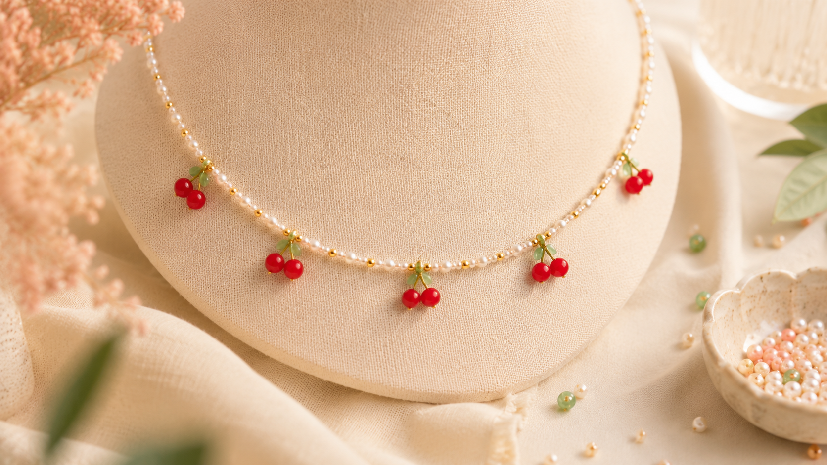 Kirschkette aus Perlen selber machen mit weißen Perlen und roten Kirschanhängern