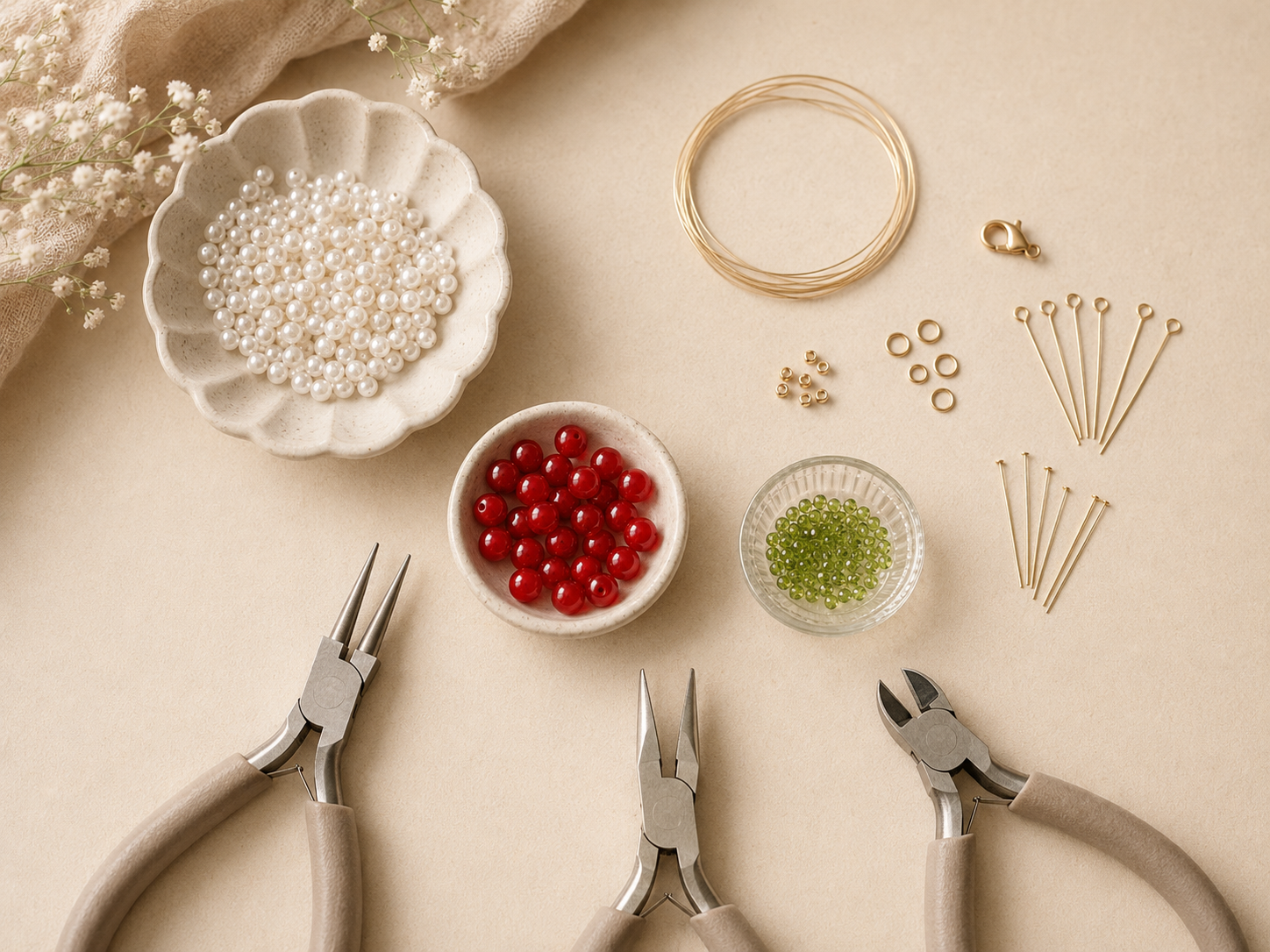 Materialien für eine selbstgemachte Kirschkette mit weißen roten und grünen Perlen