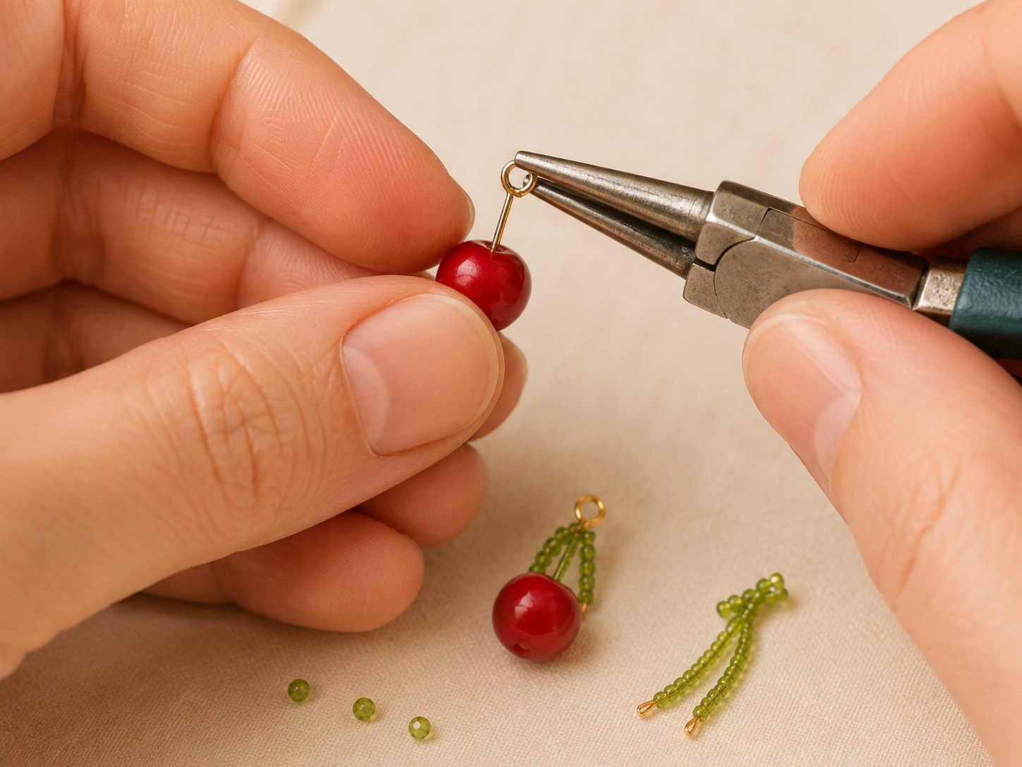 Arbeitsschritt beim Formen eines Kirschanhängers aus roten und grünen Perlen