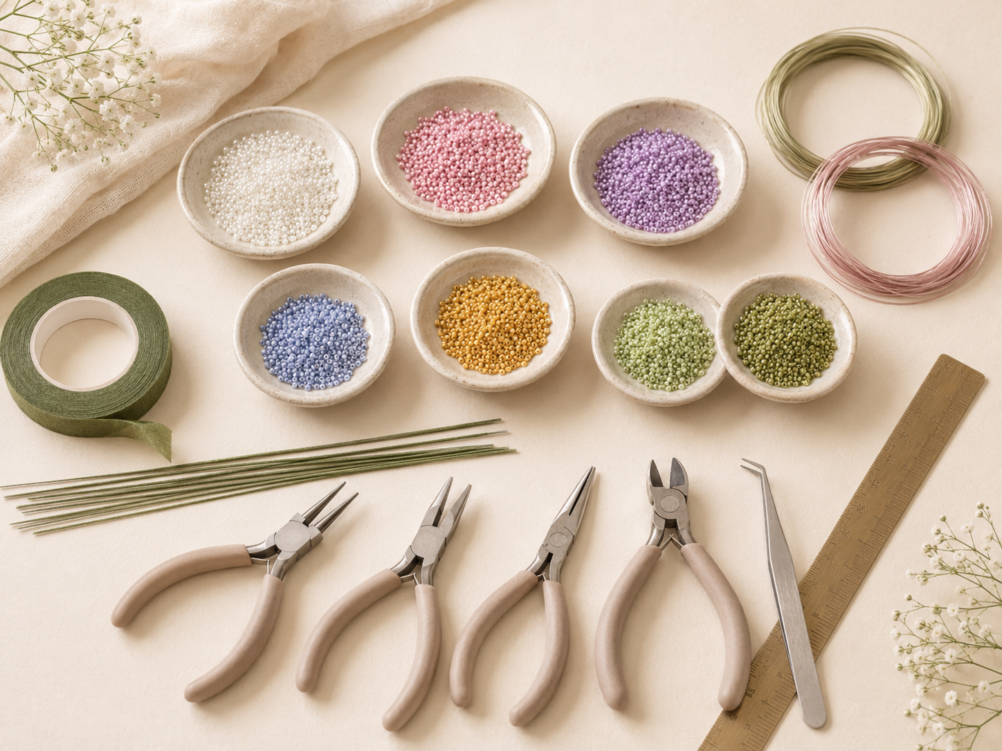 Material für Blumen aus Perlen mit Rocailles Draht und Schmuckzangen