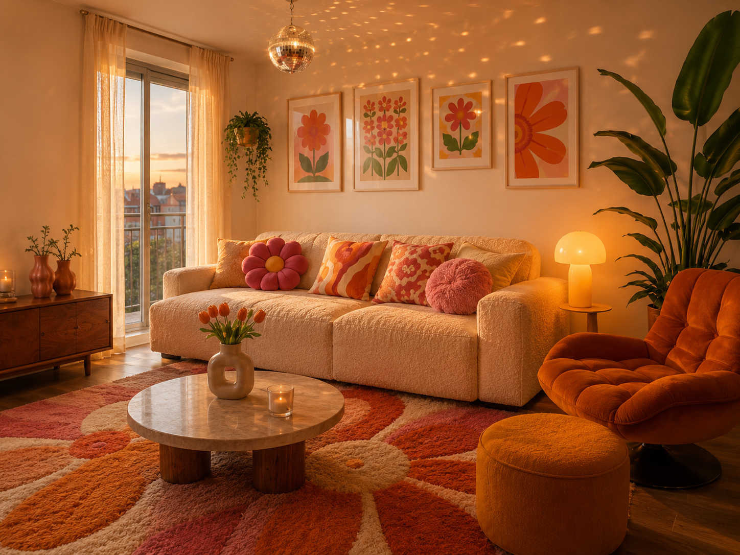 Retro Wohnzimmer einrichten mit orangefarbenem Sessel Blumenteppich und Discokugel