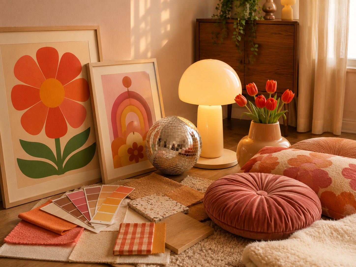 Farben und Dekoration für ein Retro Wohnzimmer in Orange Rosa und Creme
