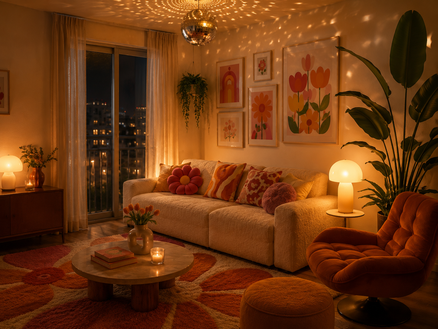 Galeriewand und Beleuchtung für ein farbenfrohes Retro Wohnzimmer planen