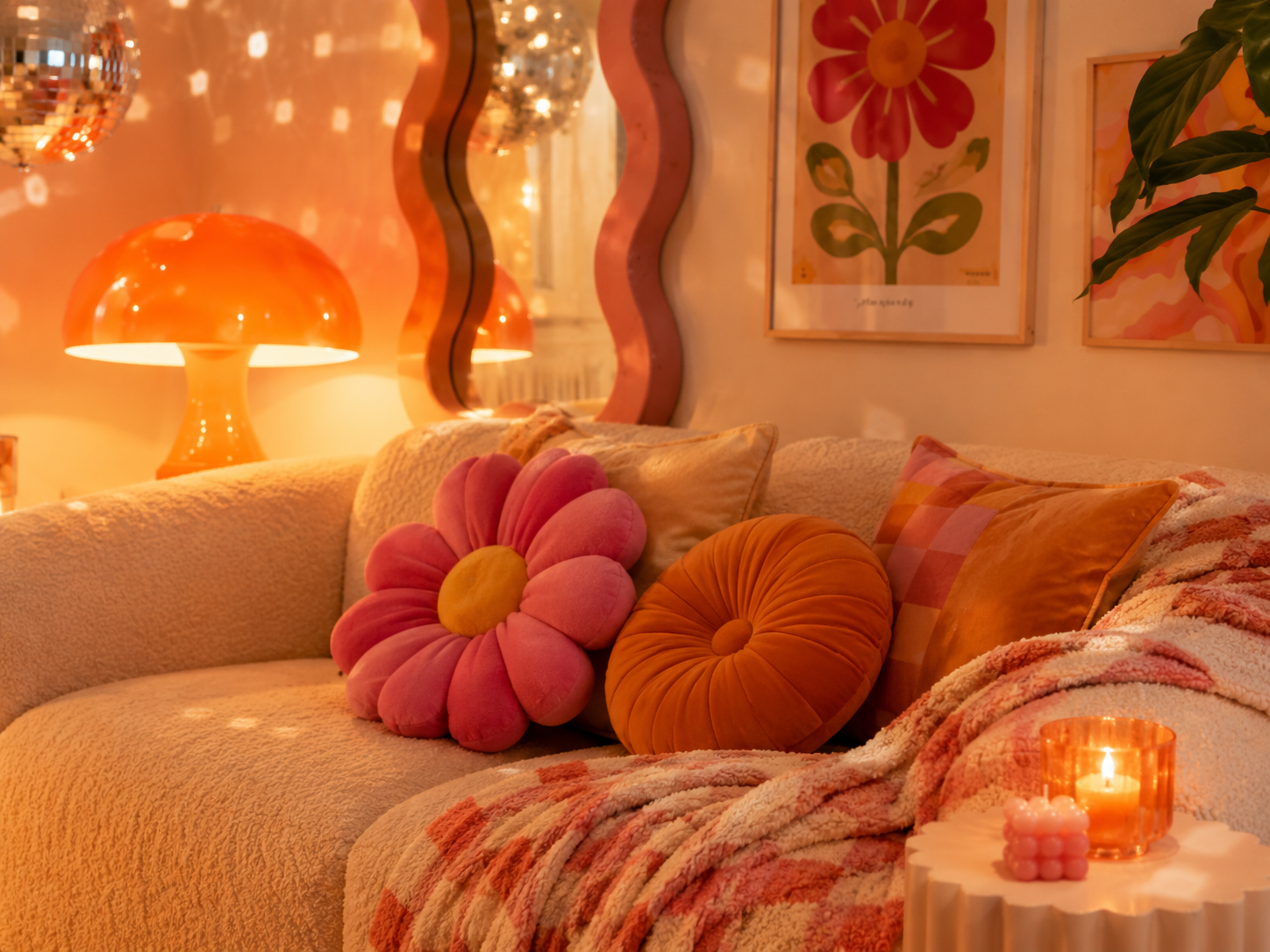 Farbenfrohe Dopamin Decor Ecke mit Pilzlampe Vase und Discokugel