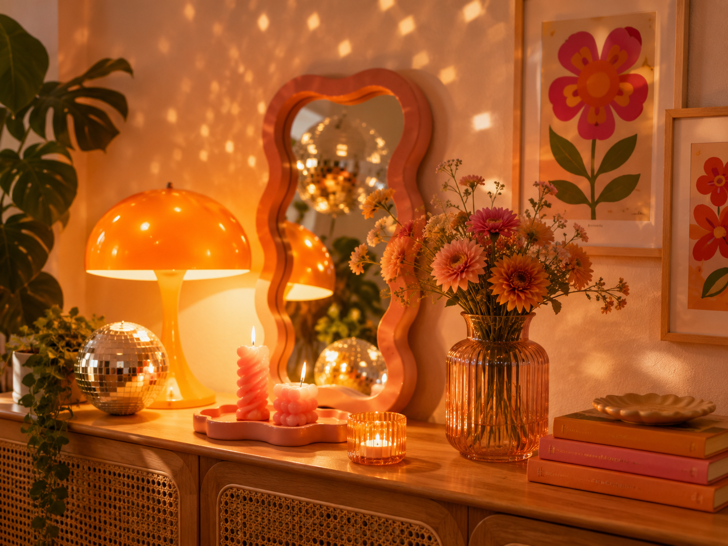 Dopamin Decor Sofa Ecke mit Blumenkissen und warmem Licht