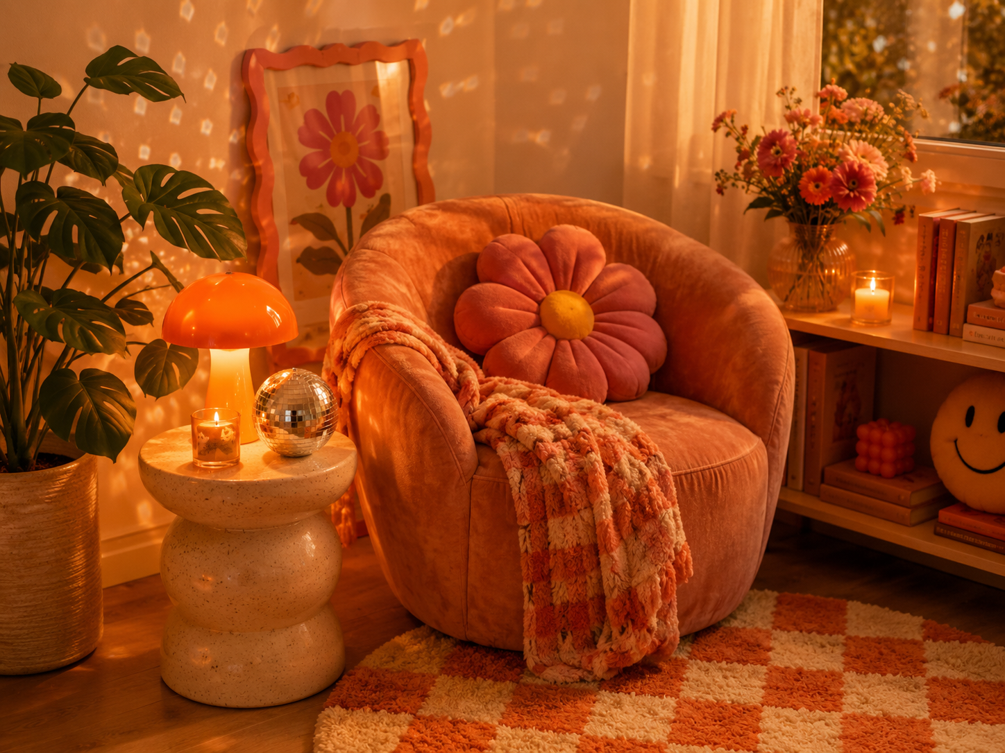 Gemütliche Dopamin Decor Tischdekoration mit Vase und bunten Kerzen