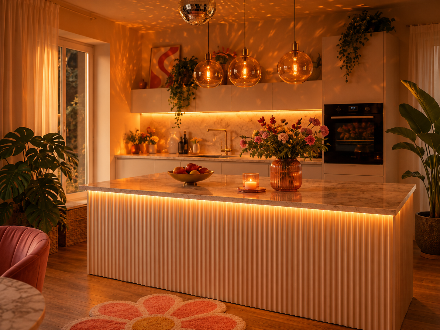 Dopamin Decor Küche mit Discokugel warmem Licht und floraler Dekoration