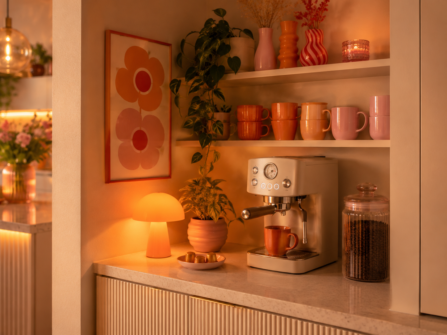 Kücheninsel mit warmem Licht Blumen und farbiger Dopamin Decor Dekoration