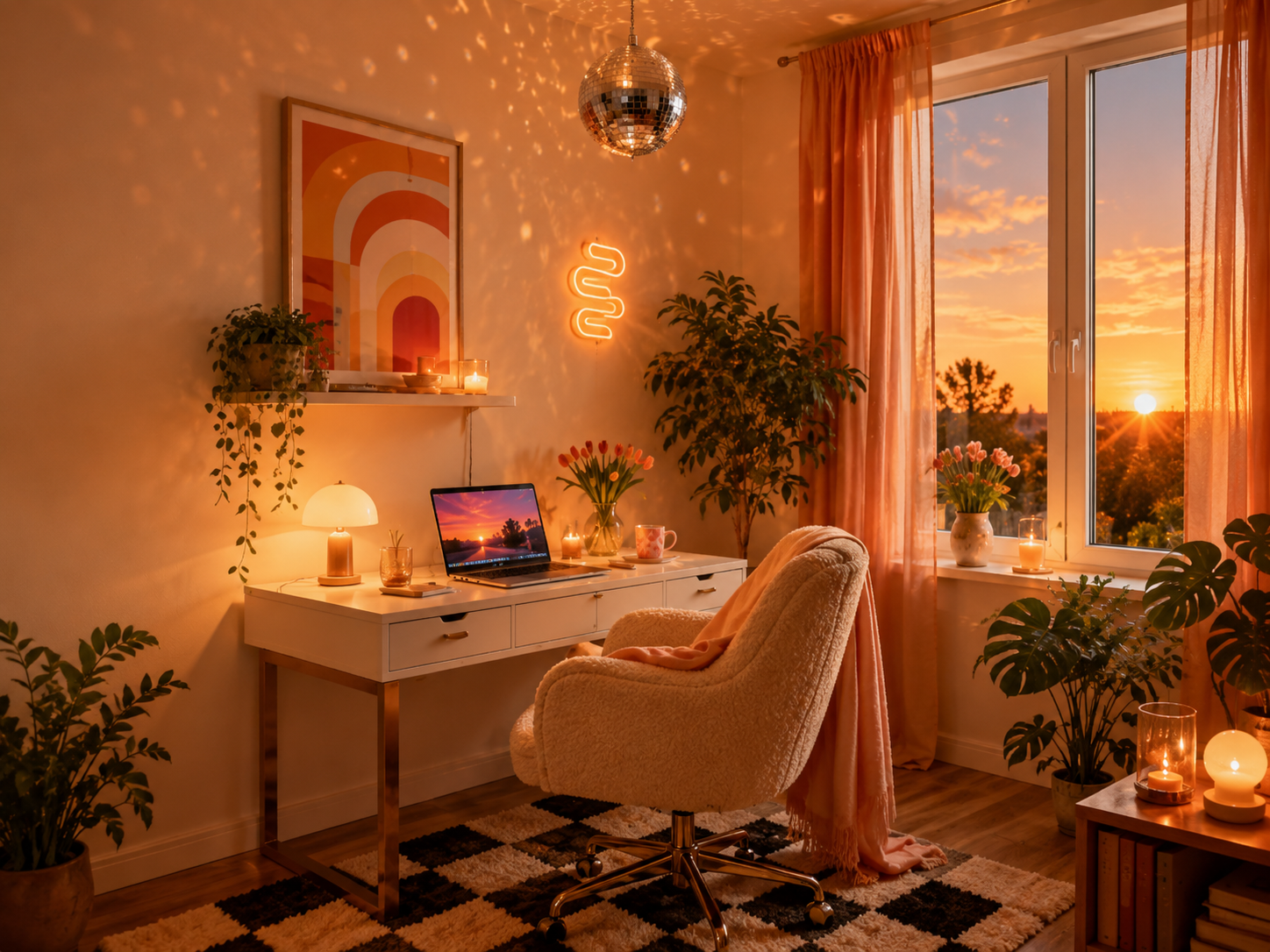 Gemütliches Dopamin Decor Home Office mit Discokugel warmem Licht und Pflanzen