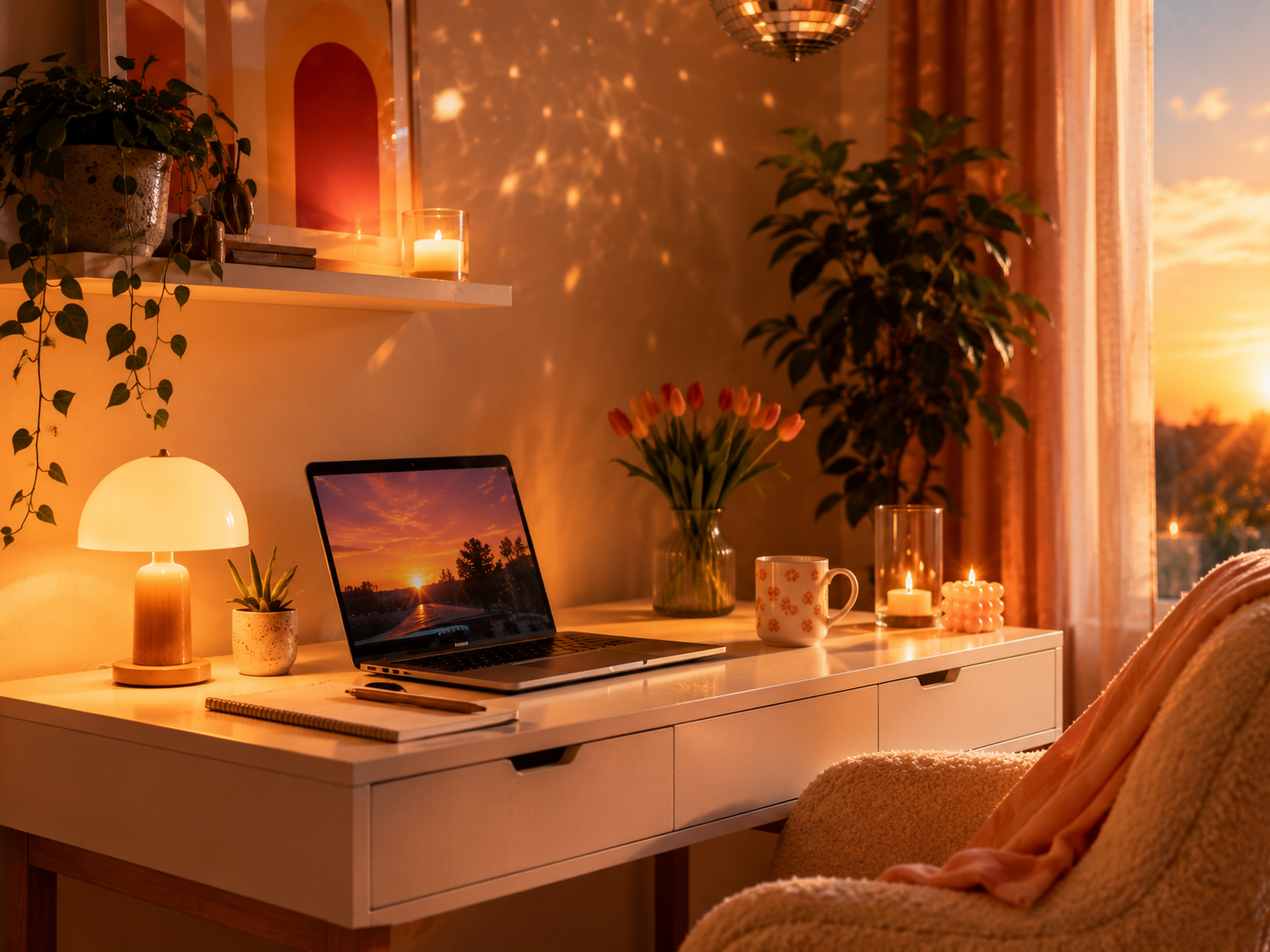 Warme Home Office Ecke mit Bauhaus Poster Discokugel und orangefarbener Lampe