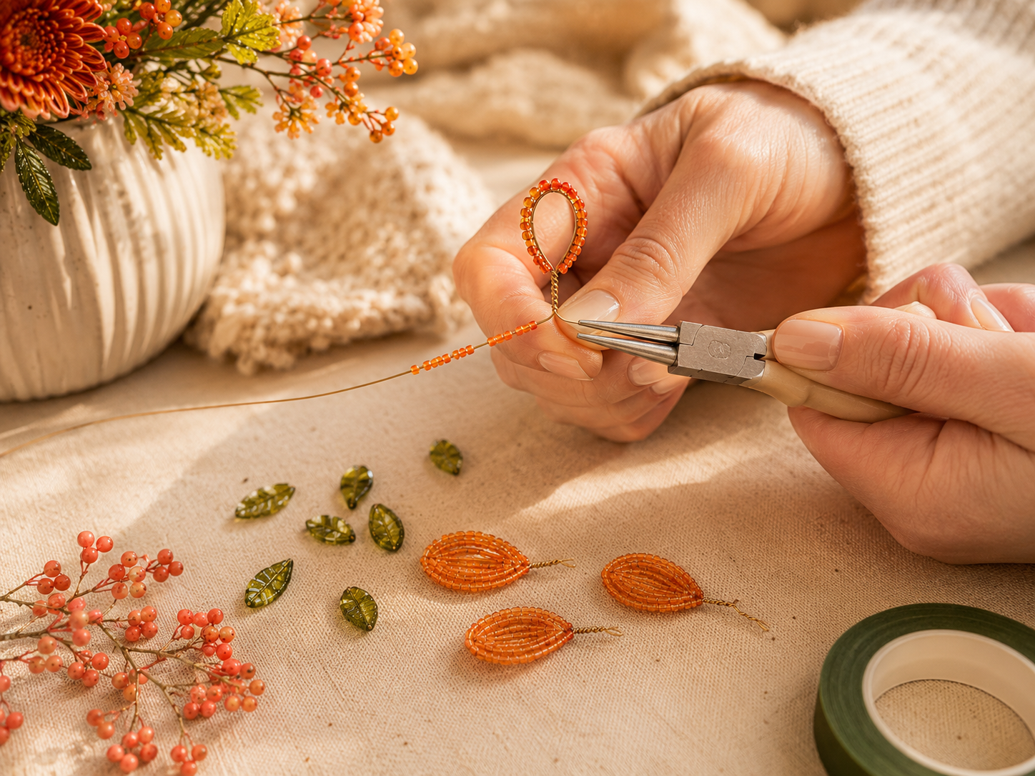 Materialien für einen Herbststrauß aus Perlen mit Draht Zangen und bunten Rocailles