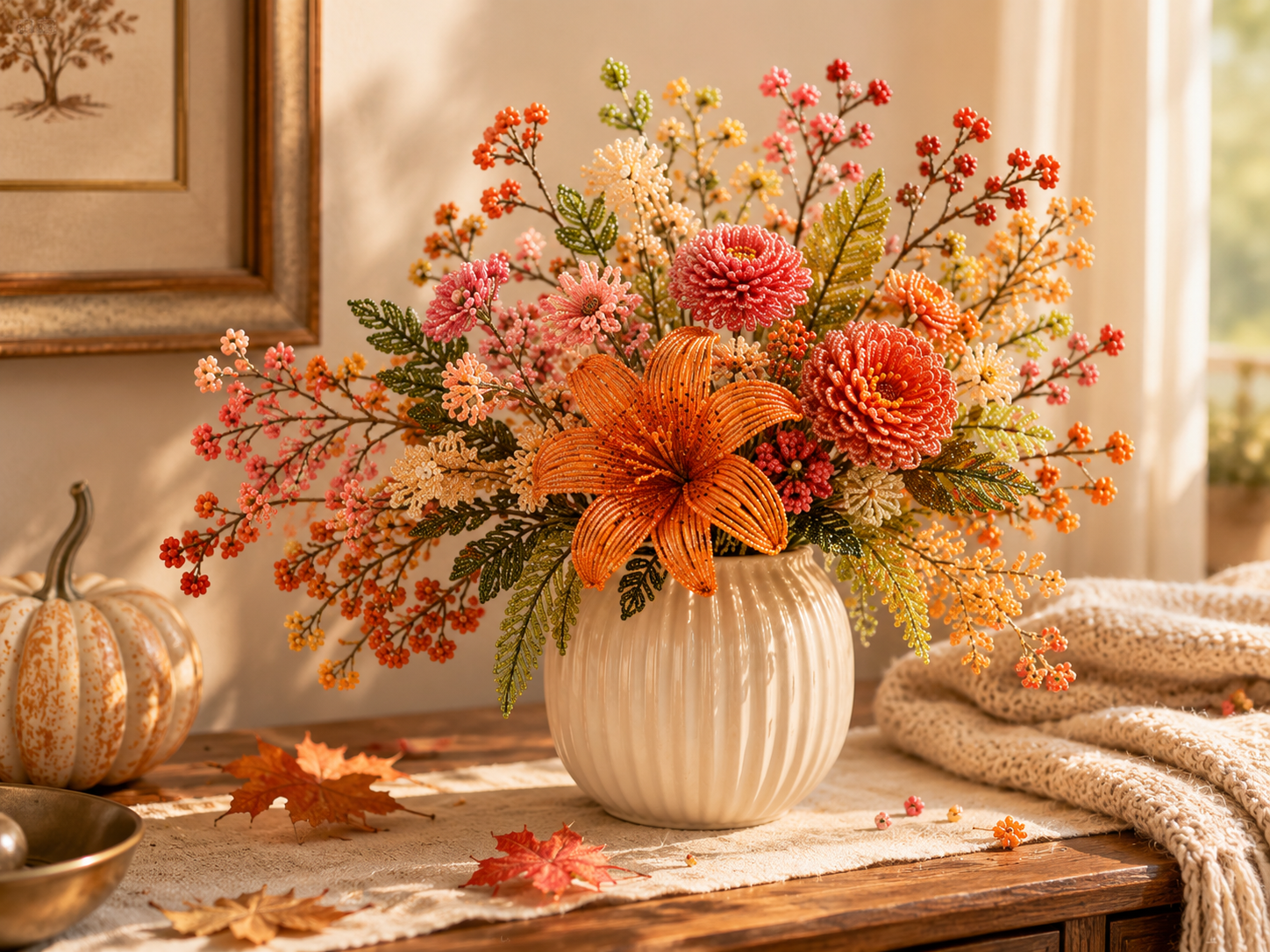 Fertiger Herbststrauß aus Perlen in einer cremefarbenen geriffelten Vase