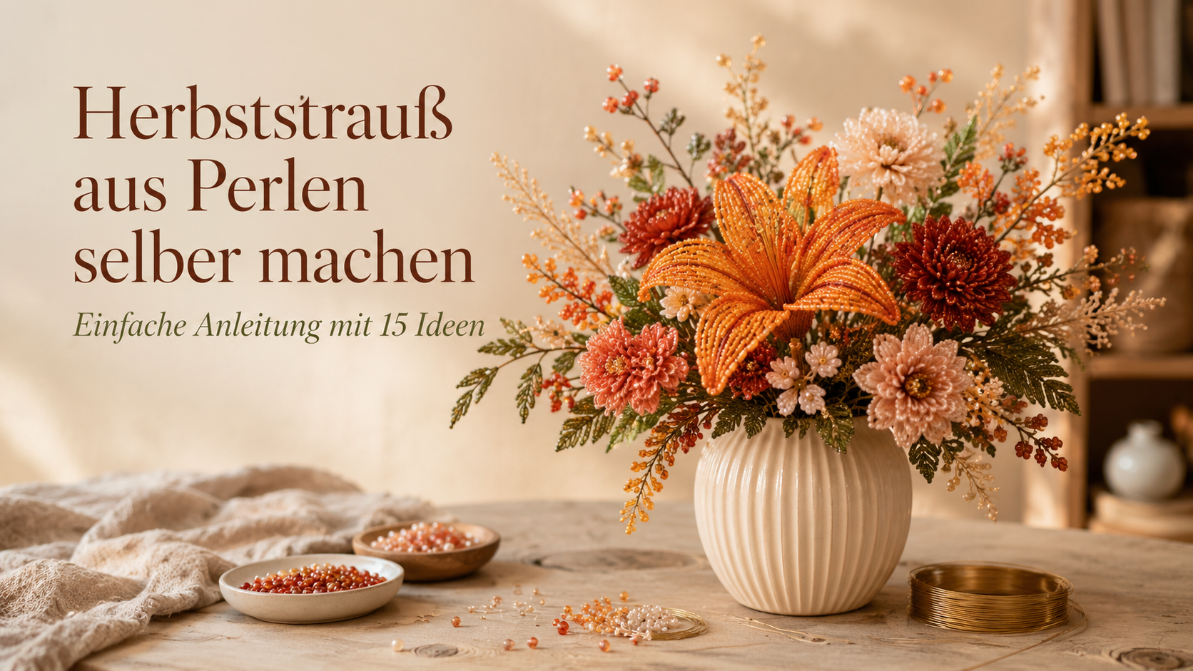 Herbststrauß aus Perlen mit orangefarbenen Blüten und grünen Blättern