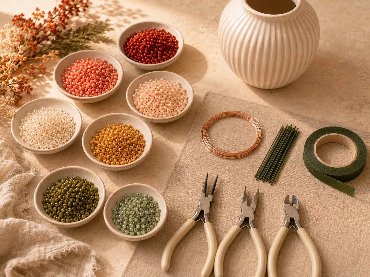 Materialien für Herbstblumen aus Perlen mit Rocailles Draht Zangen und Floristenband