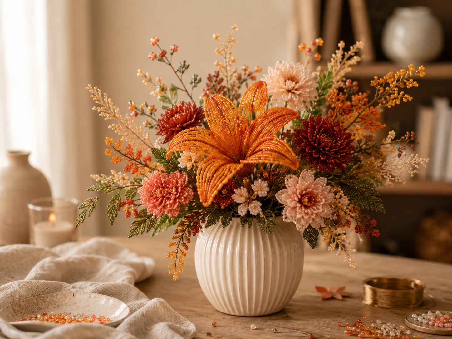 Verschiedene Herbstblumen und Blätter aus Perlen auf cremefarbenem Stoff
