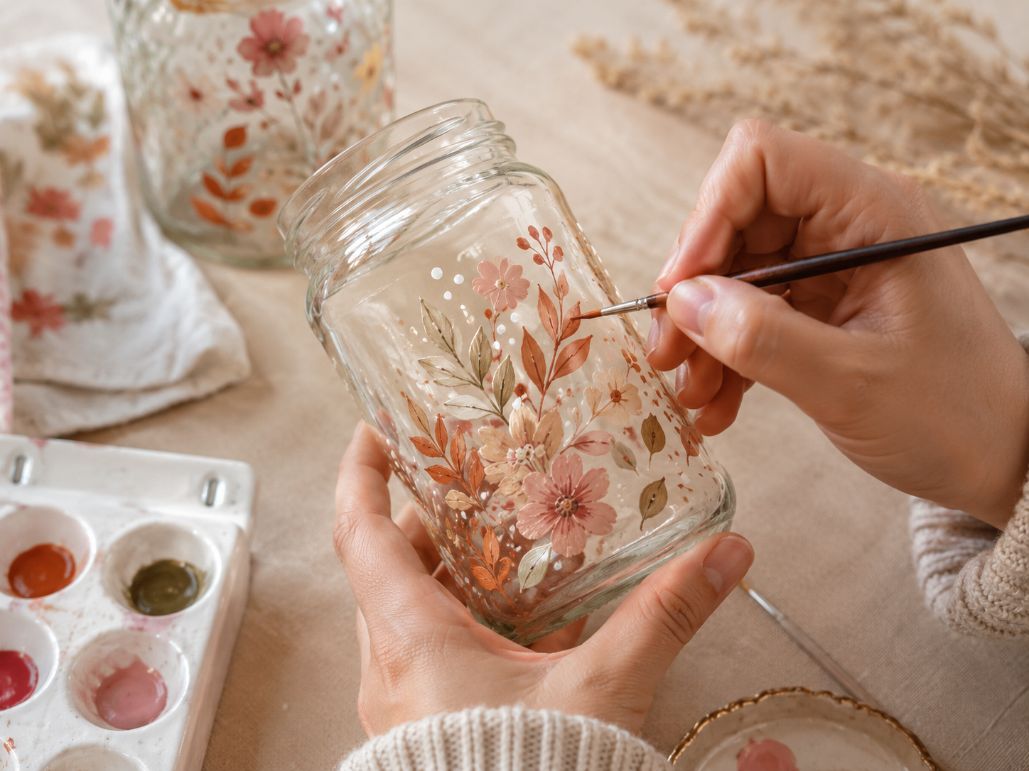 Verschiedene bemalte Gläser mit Blumen Blättern Herzen und Herbstmotiven