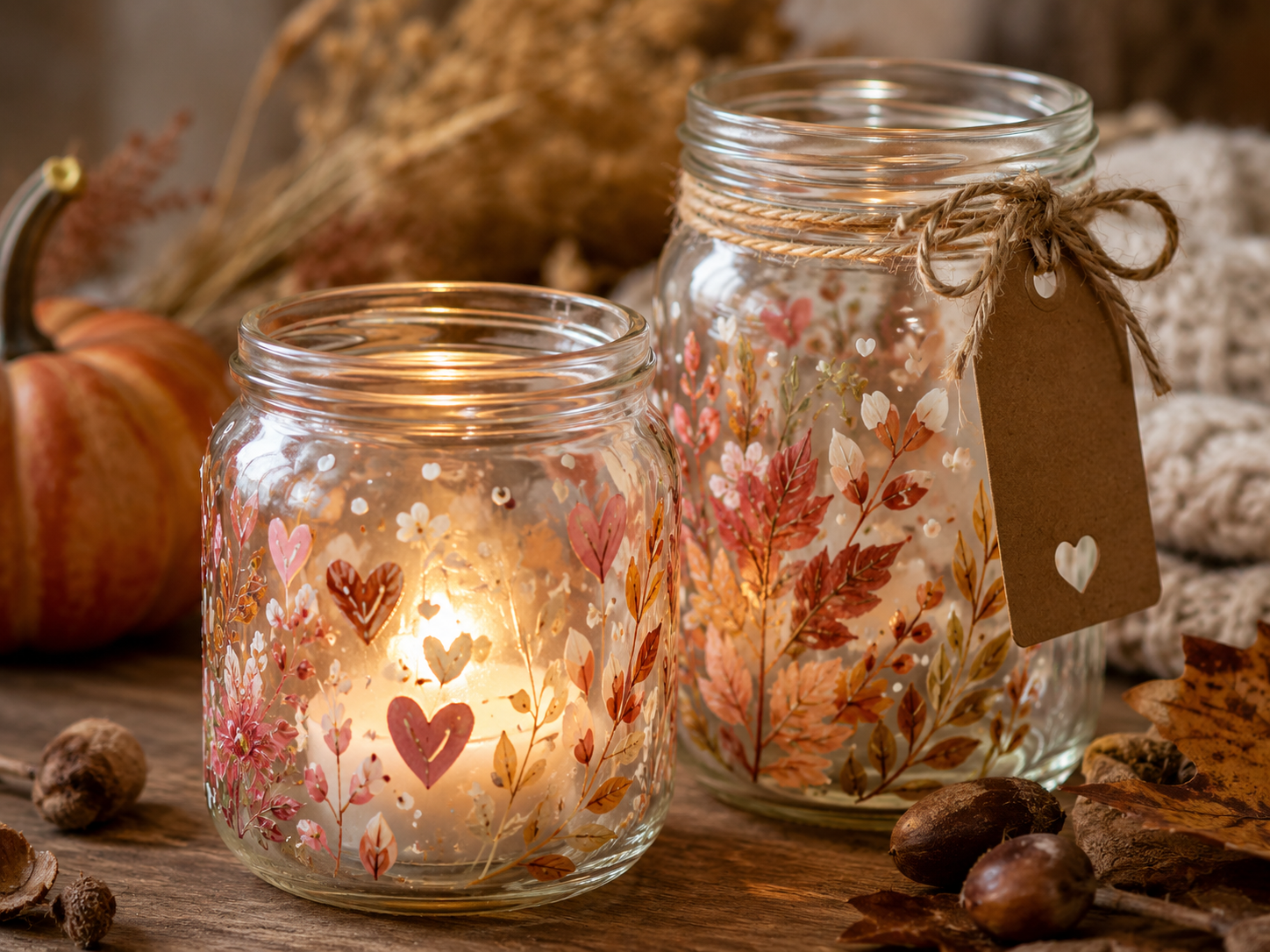 Hand bemalt ein Glas mit kleinen herbstlichen Blättern
