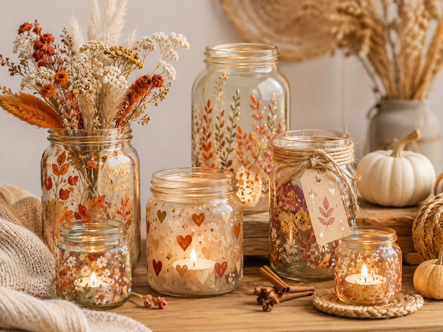 Gläser bemalen mit herbstlichen Blumen Blättern und Herzen