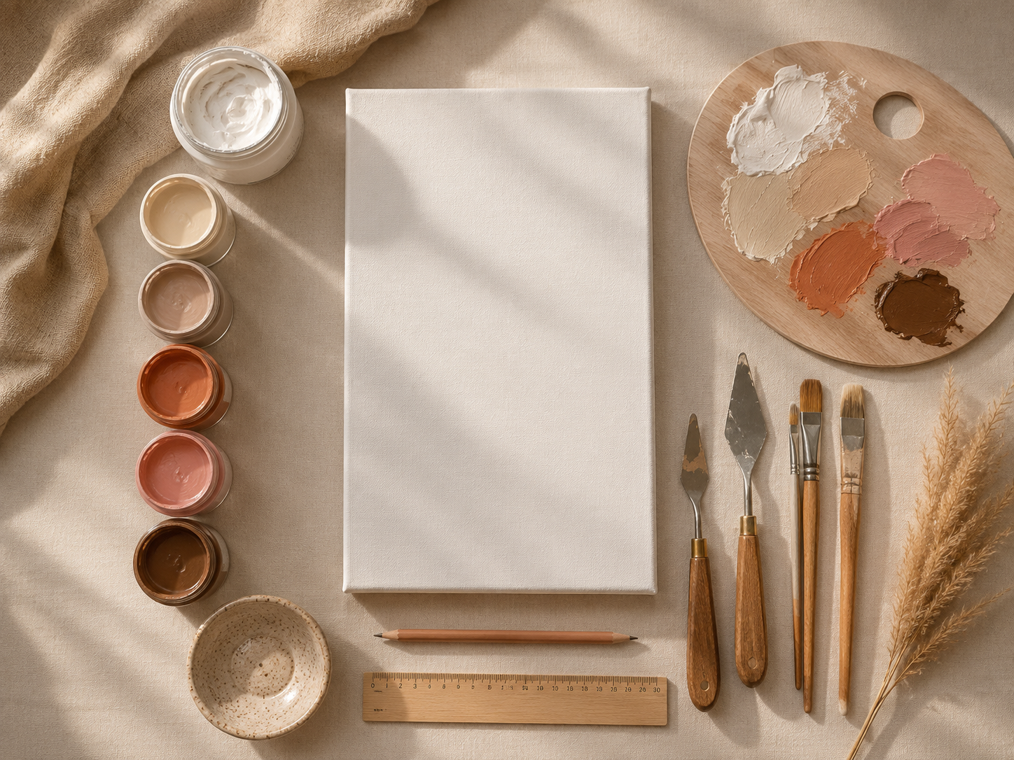 Materialien für Leinwandkunst mit Acrylfarben Strukturpaste und Malspachtel