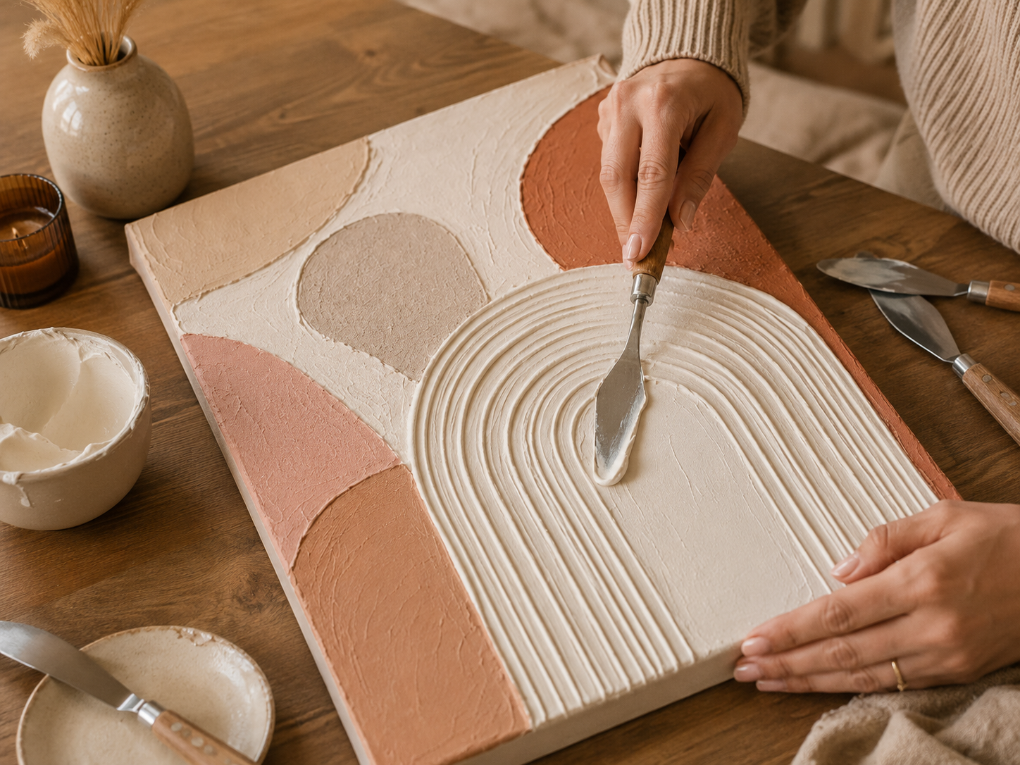 Moderne selbstgemachte Leinwandbilder in Beige Terrakotta und Rosa