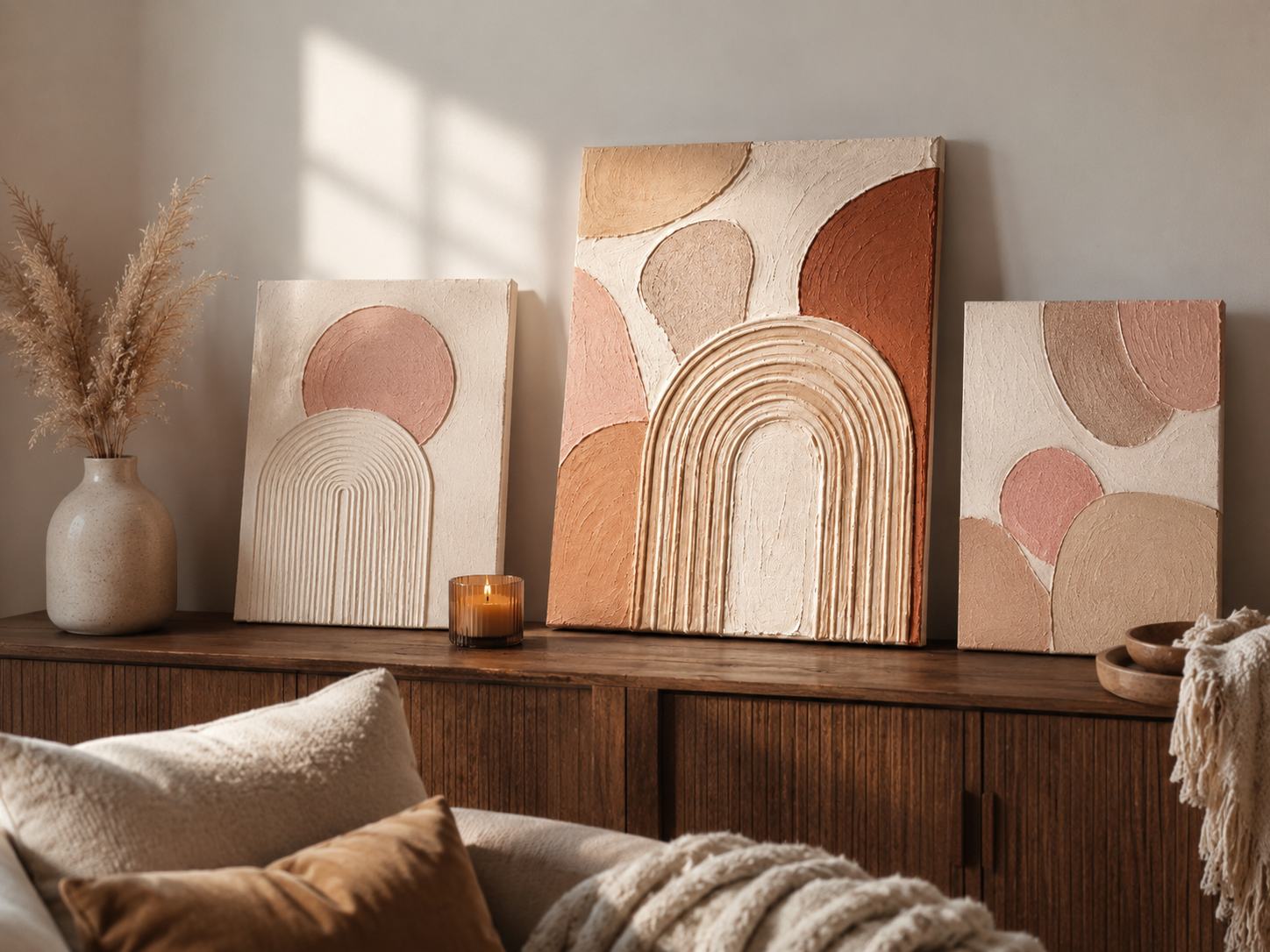 Leinwandkunst selber machen mit Strukturpaste in Beige Rosa und Terrakotta