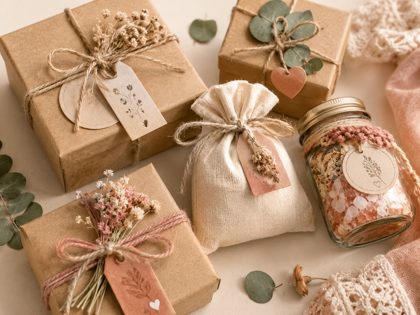 Kleine selbstgemachte Geschenke mit Glas Armband Kerze und Karte