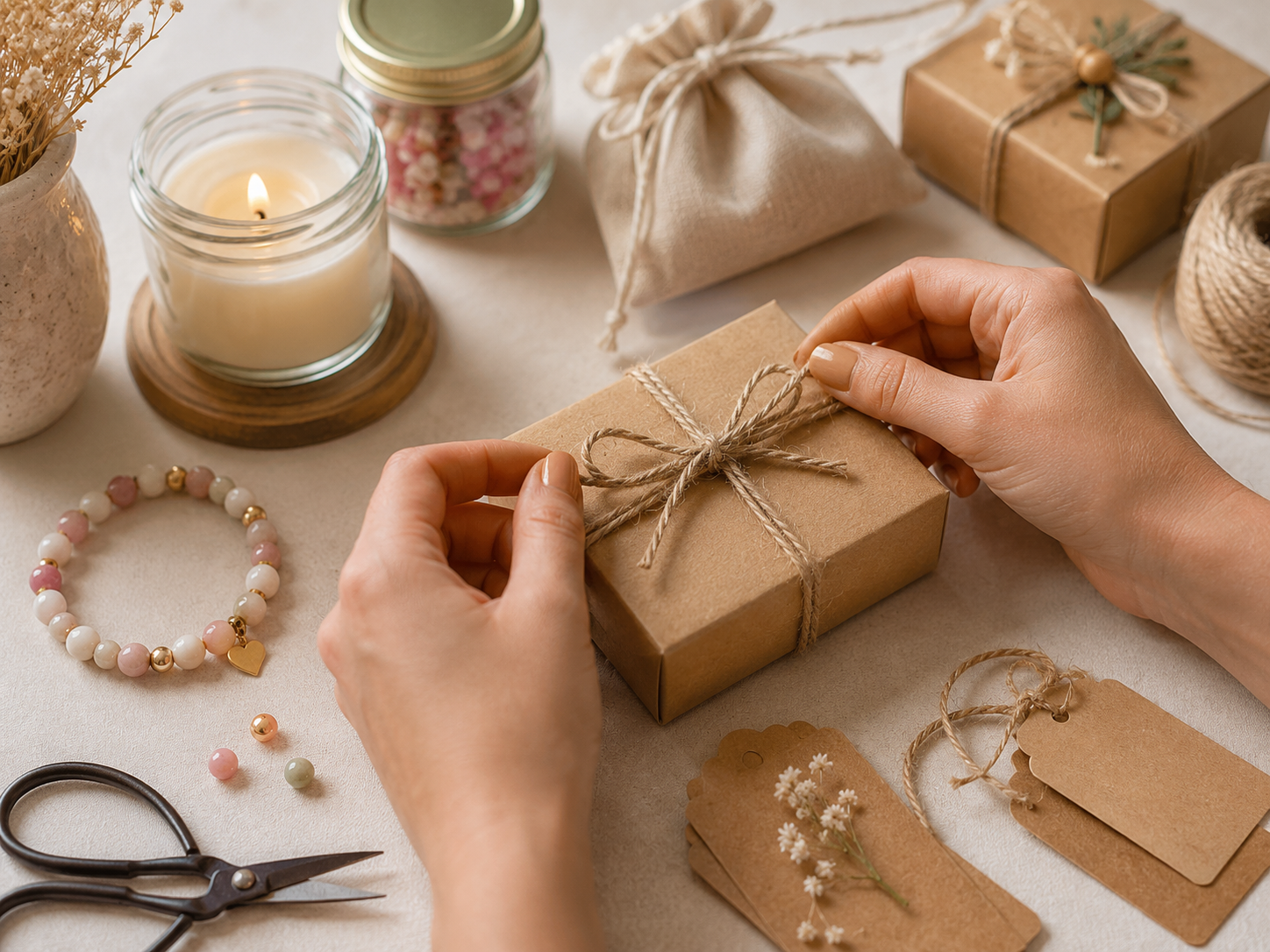 Kleine DIY Geschenke mit Kraftpapier Anhängern und Naturband verpacken