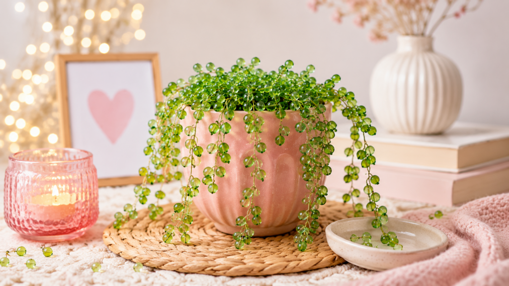 Selbstgemachte Perlenpflanze mit langen grünen Perlenranken in einem rosa Blumentopf