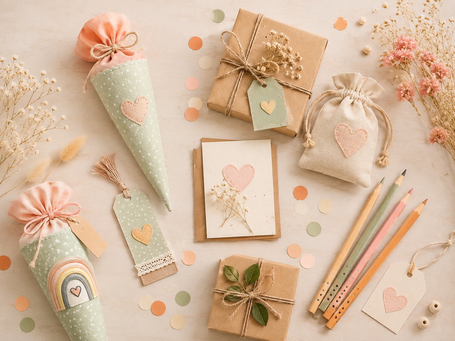 Zehn selbstgemachte Einschulungsgeschenke mit Mini Schultüte Stiften und Mutmachkarten