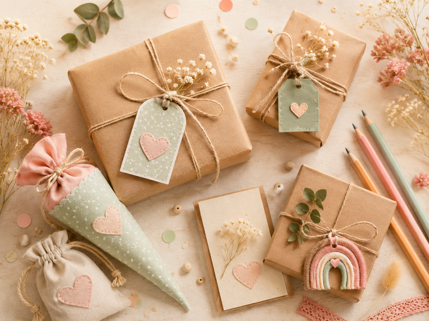 Zehn kreative Geschenkideen zur Einschulung auf einem hellen Basteltisch