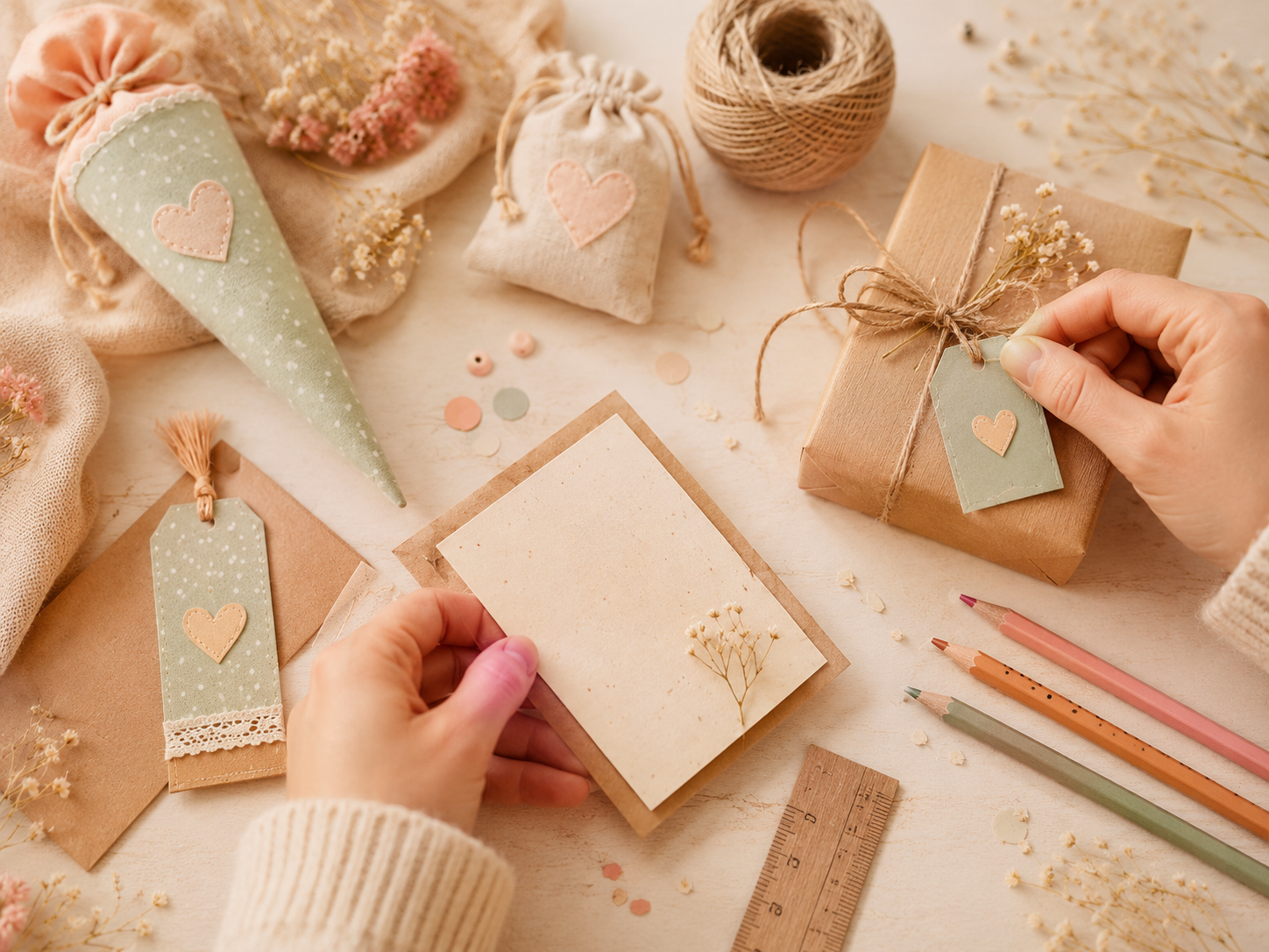Einschulungsgeschenke mit Kraftpapier Stoffbeutel und persönlichen Anhängern verpacken