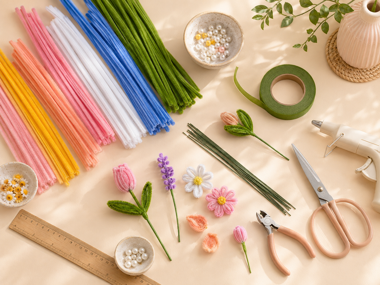 Materialien für Pfeifenreiniger Blumen mit Chenilledraht Floristenband und Schere