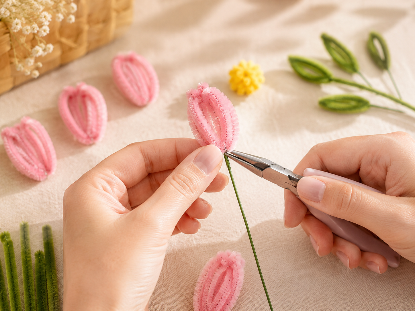 Hände formen Blütenblätter aus rosa Pfeifenreinigern