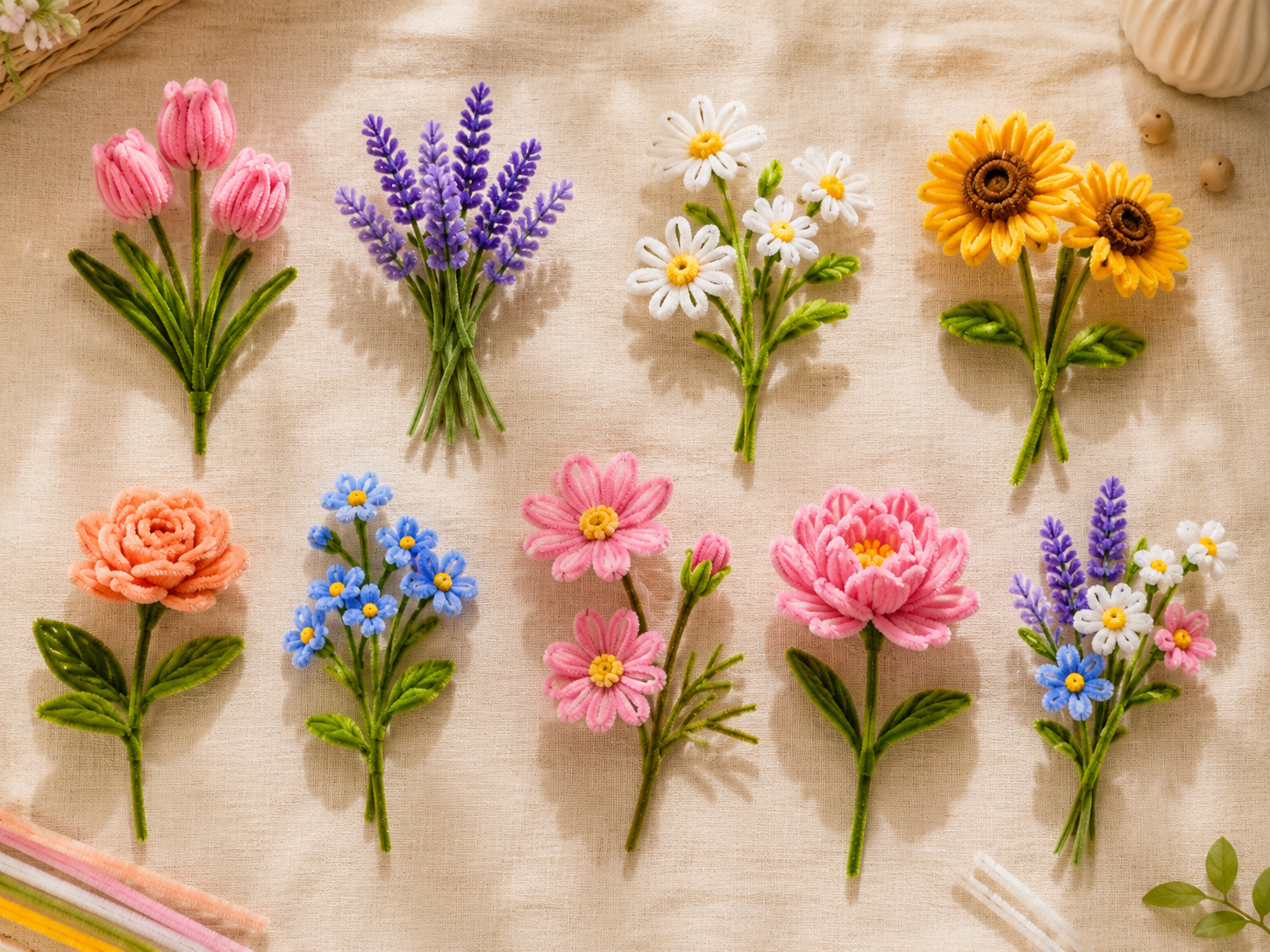 Neun verschiedene Blumen aus Pfeifenreinigern