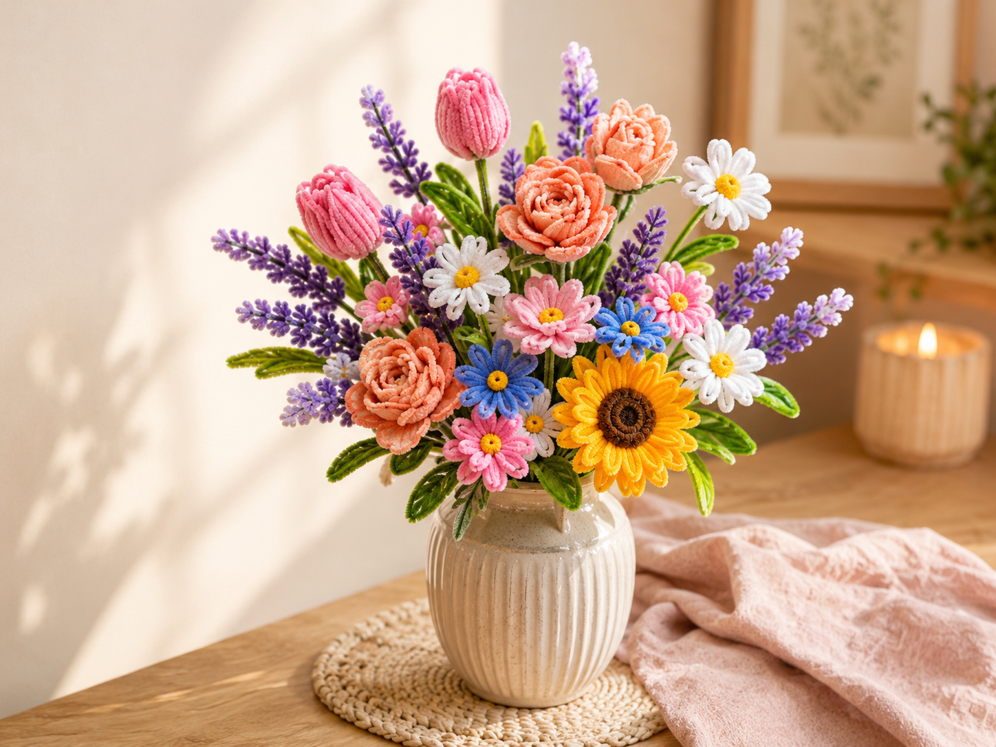 Neun bunte Pfeifenreiniger Blumen in kleinen Vasen selber machen