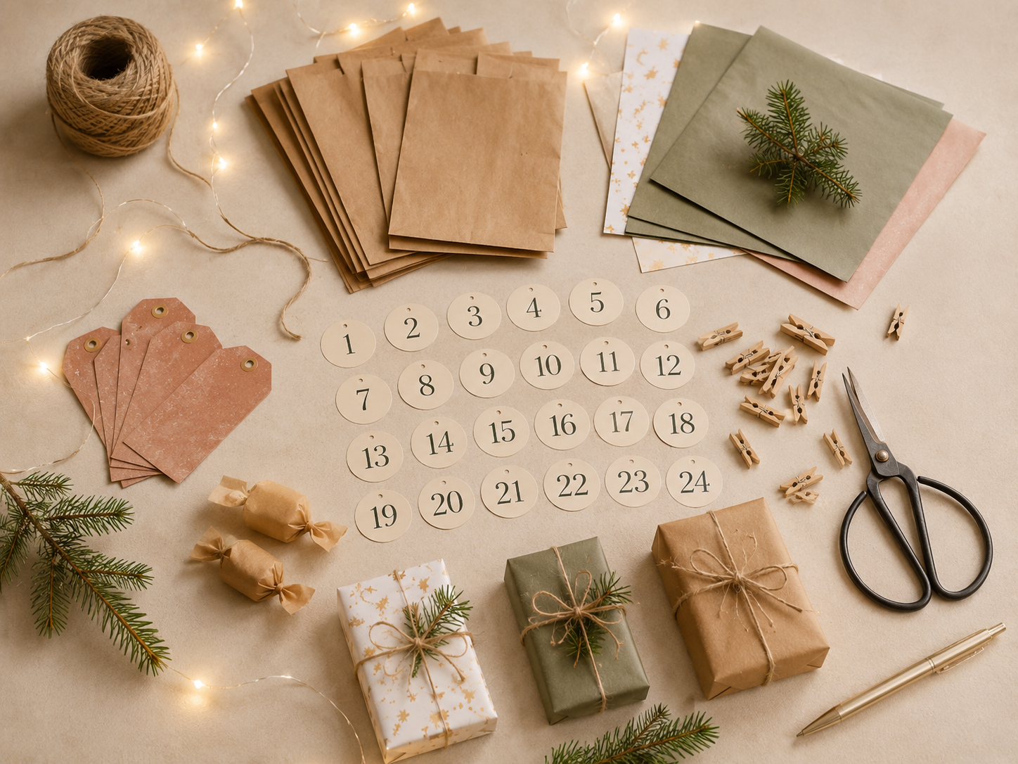 Materialien für einen selbstgemachten Adventskalender