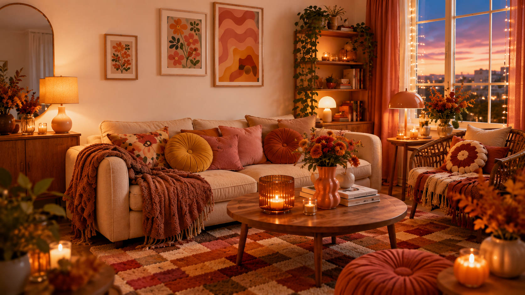 Farbenfrohes und gemütliches Wohnzimmer im Herbst