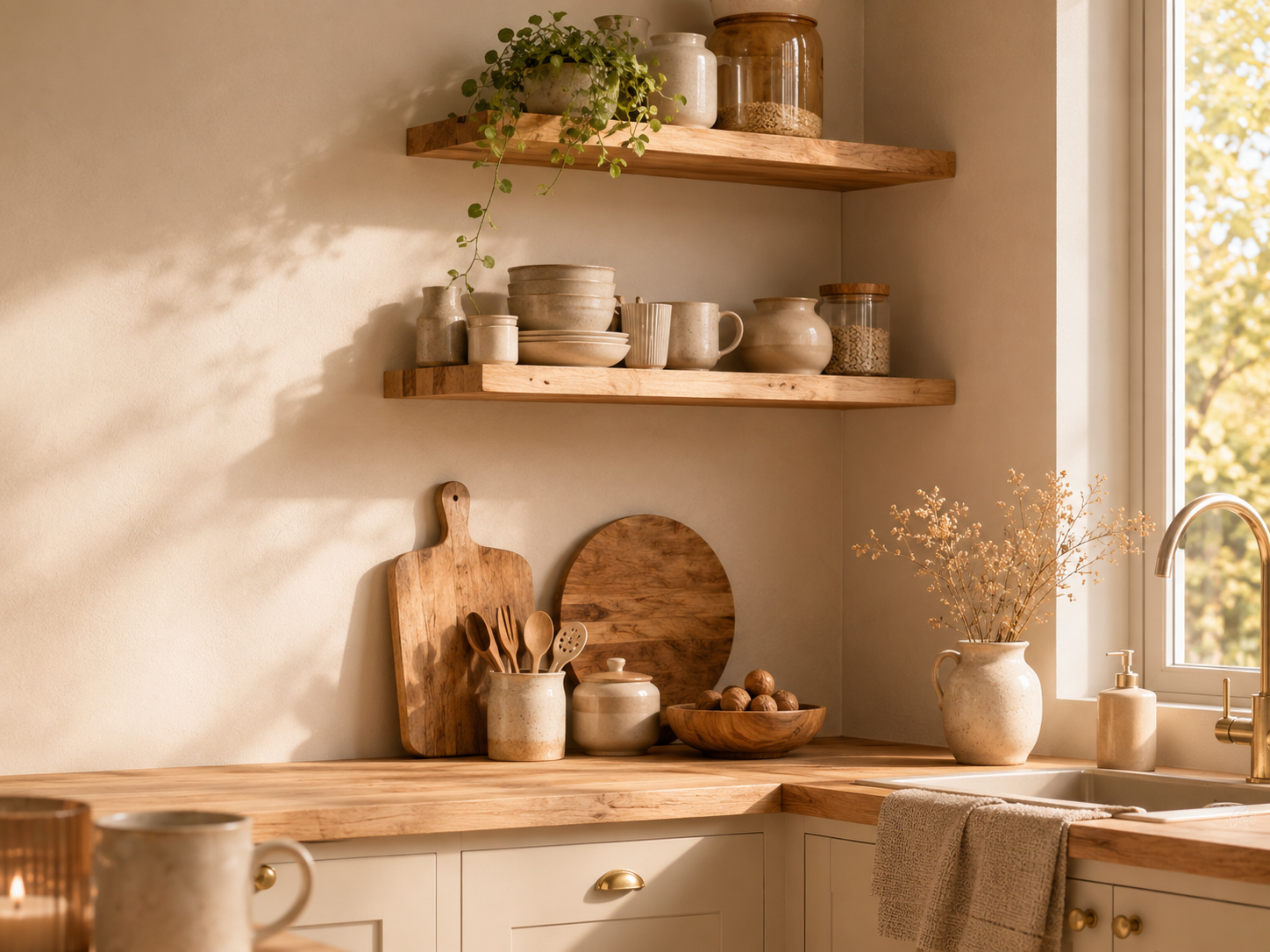 Beige Küche mit warmer Holzarbeitsplatte