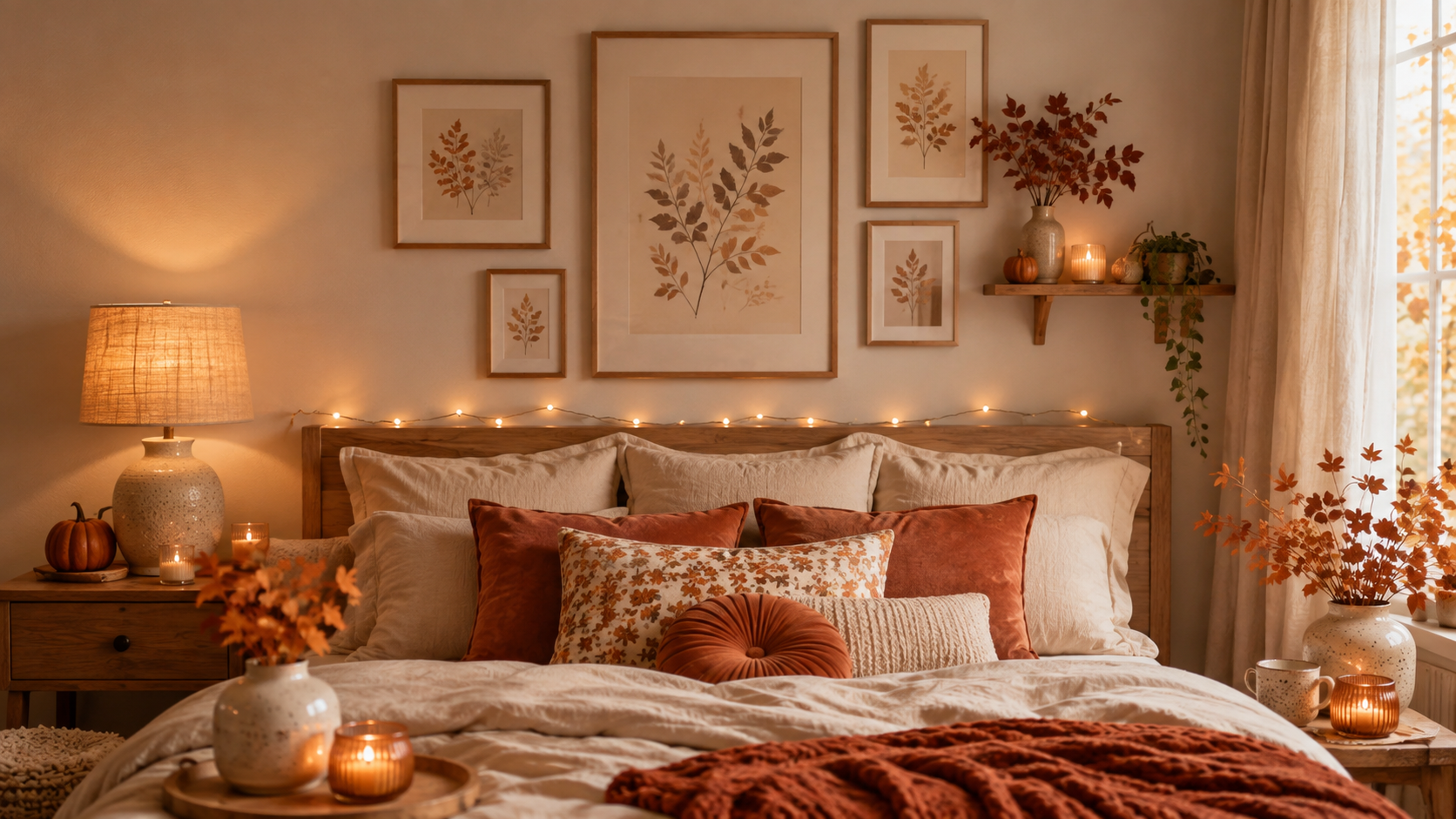 Gemütliches Schlafzimmerbett mit warmen Herbsttextilien
