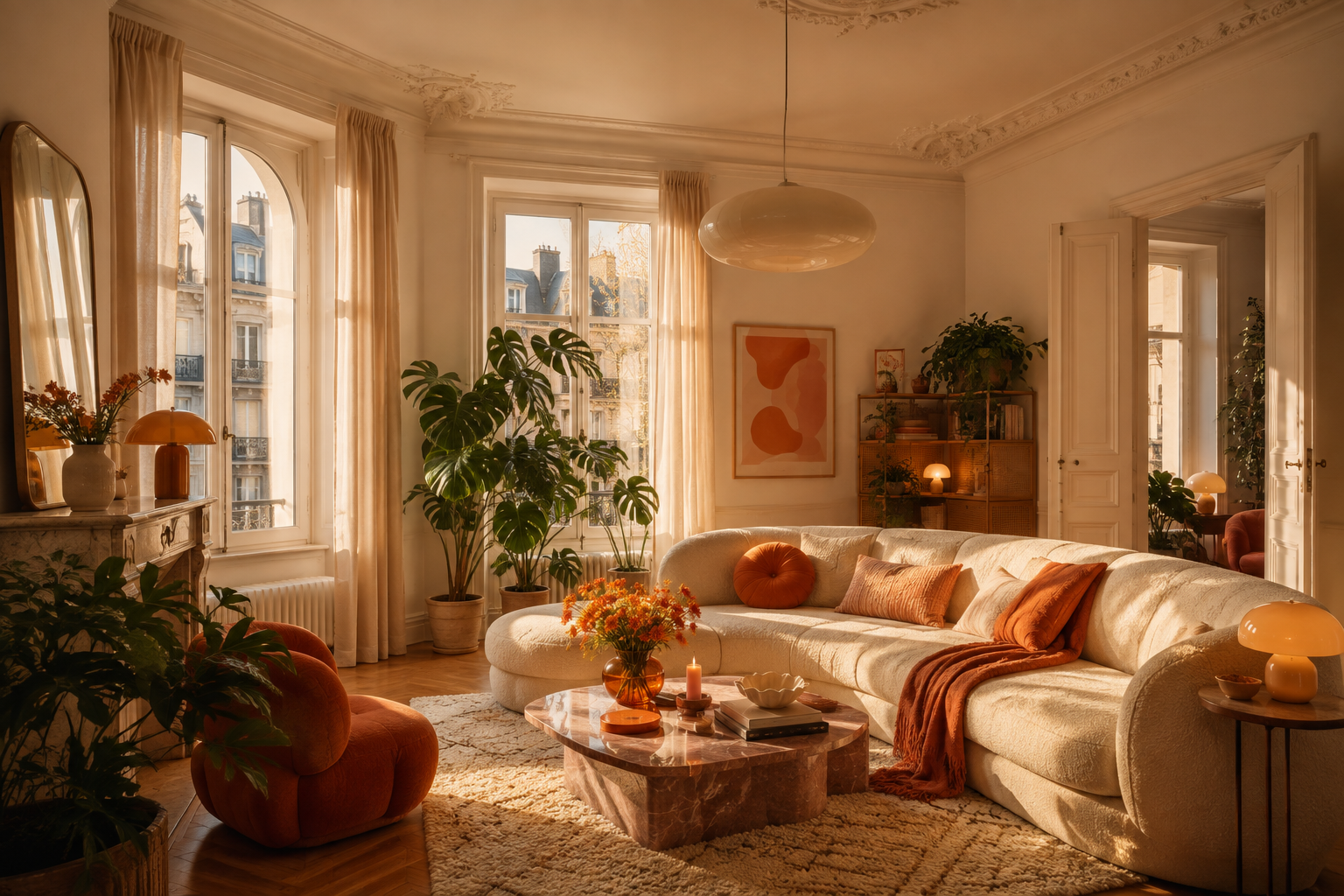 Warmes Wohnzimmer mit Pflanzen, Creme und Orange