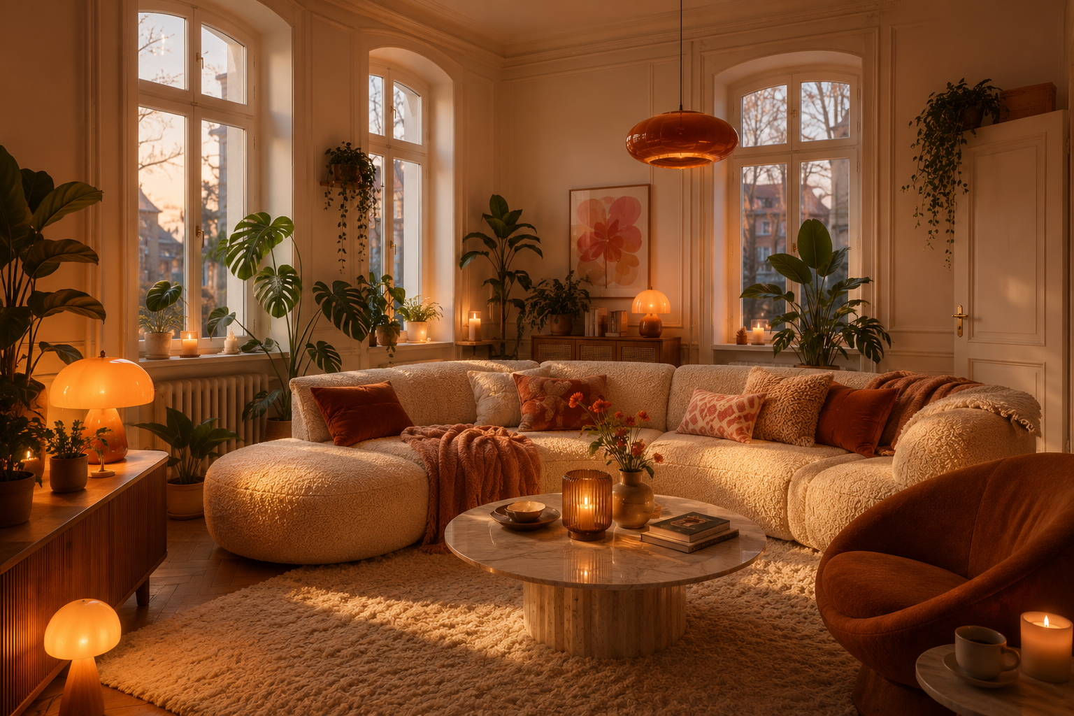 Gemütliches Wohnzimmer in Creme und Orange mit Pflanzen