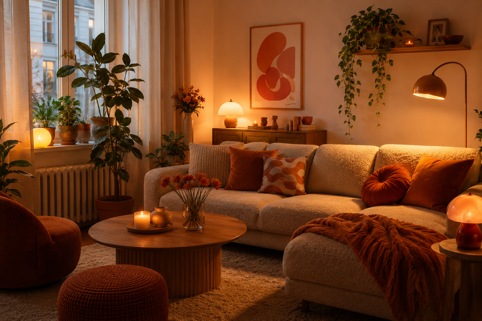 Wohnzimmer mit verschiedenen warmen Lichtquellen