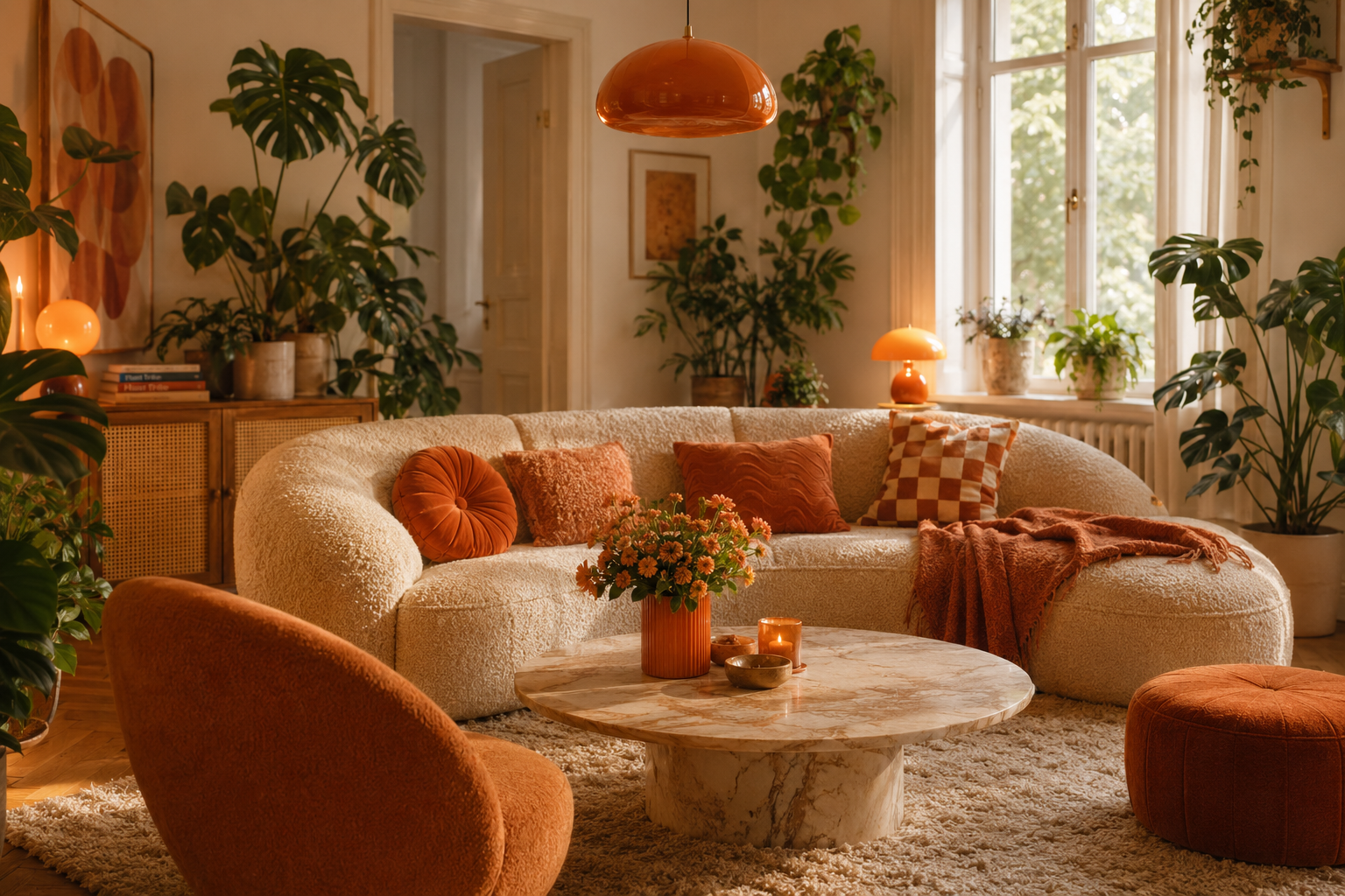 Viele Zimmerpflanzen in einer warm eingerichteten Wohnung