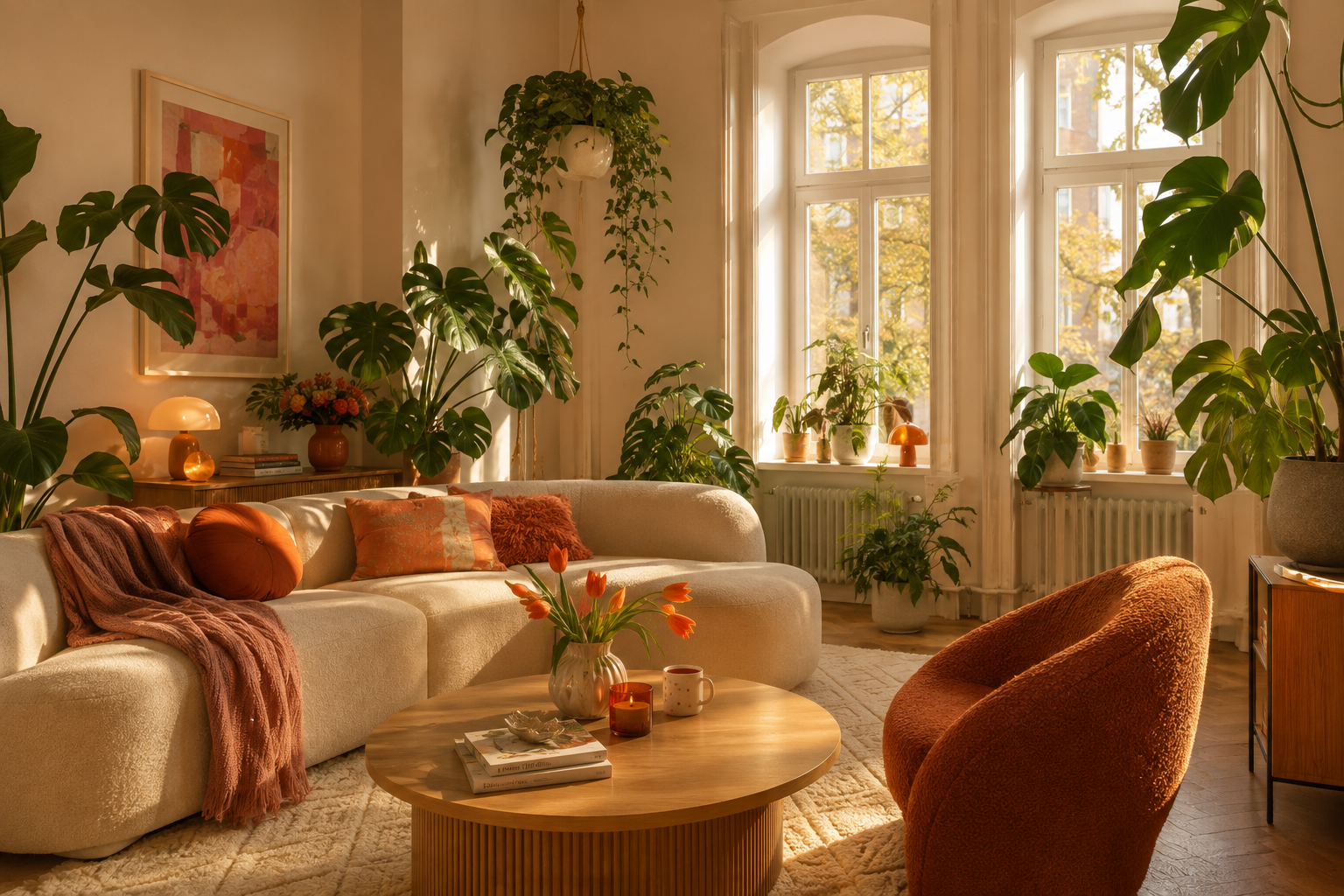 Wohnzimmer in Orange und Creme