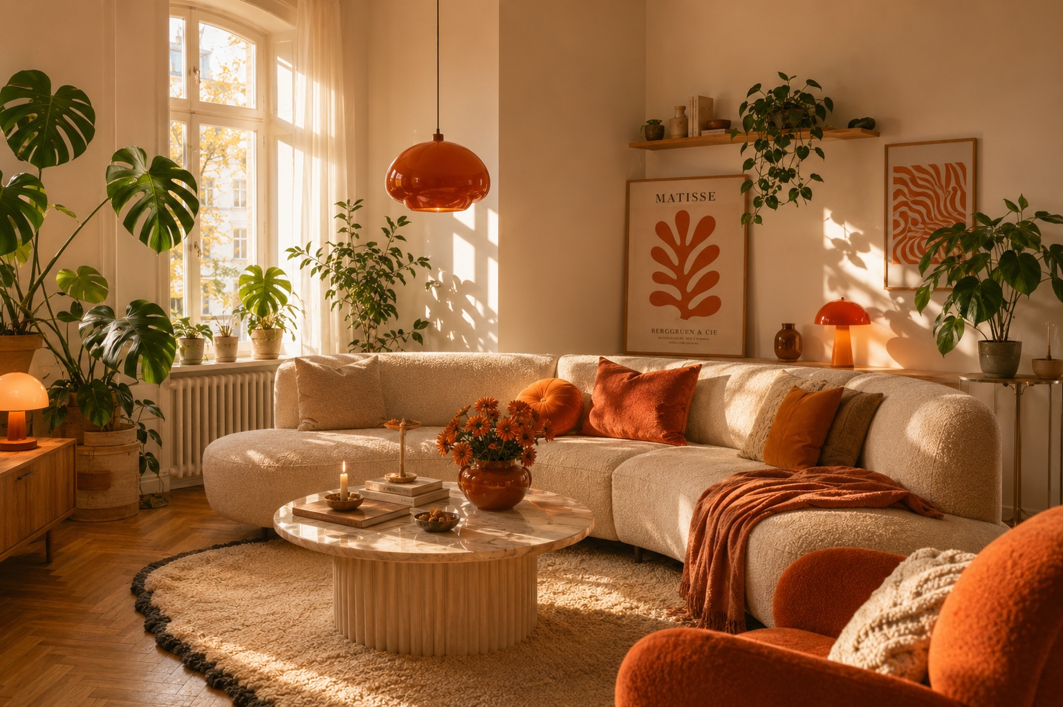 Wohnzimmer in Creme und Orange mit Pflanzen