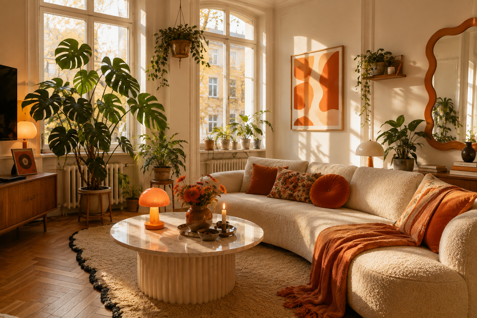 Cremefarbenes Sofa mit orangenen und terracottafarbenen Textilien