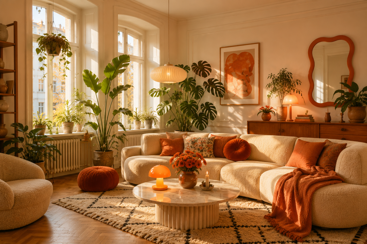 Creme und Orange Einrichtung mit vielen Zimmerpflanzen