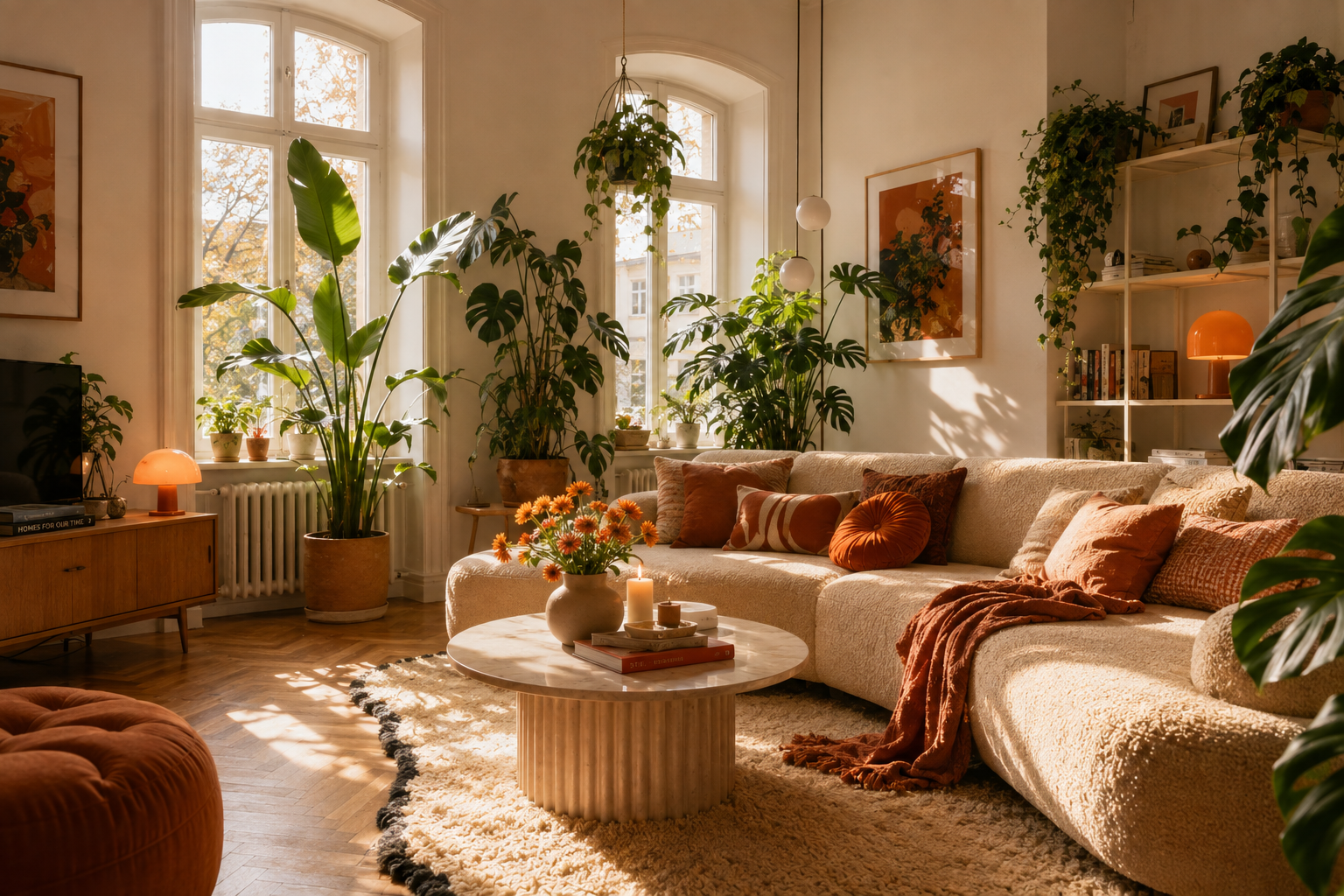 Wohnzimmer mit vielen Zimmerpflanzen