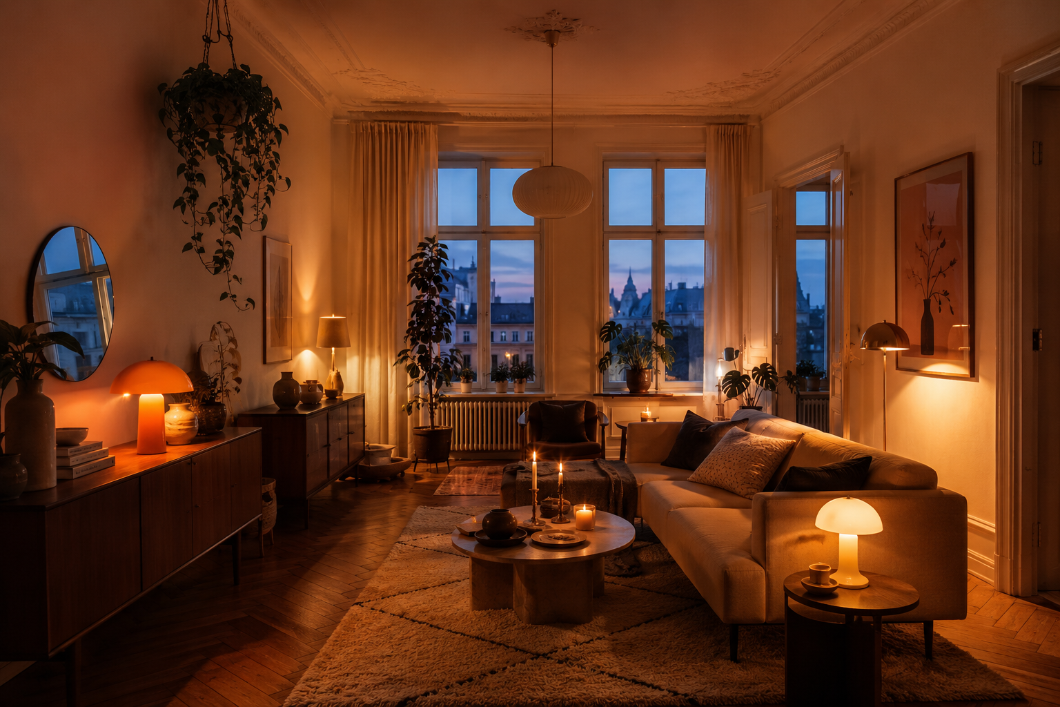Wohnzimmer Makeover mit mehreren warmen Lampen